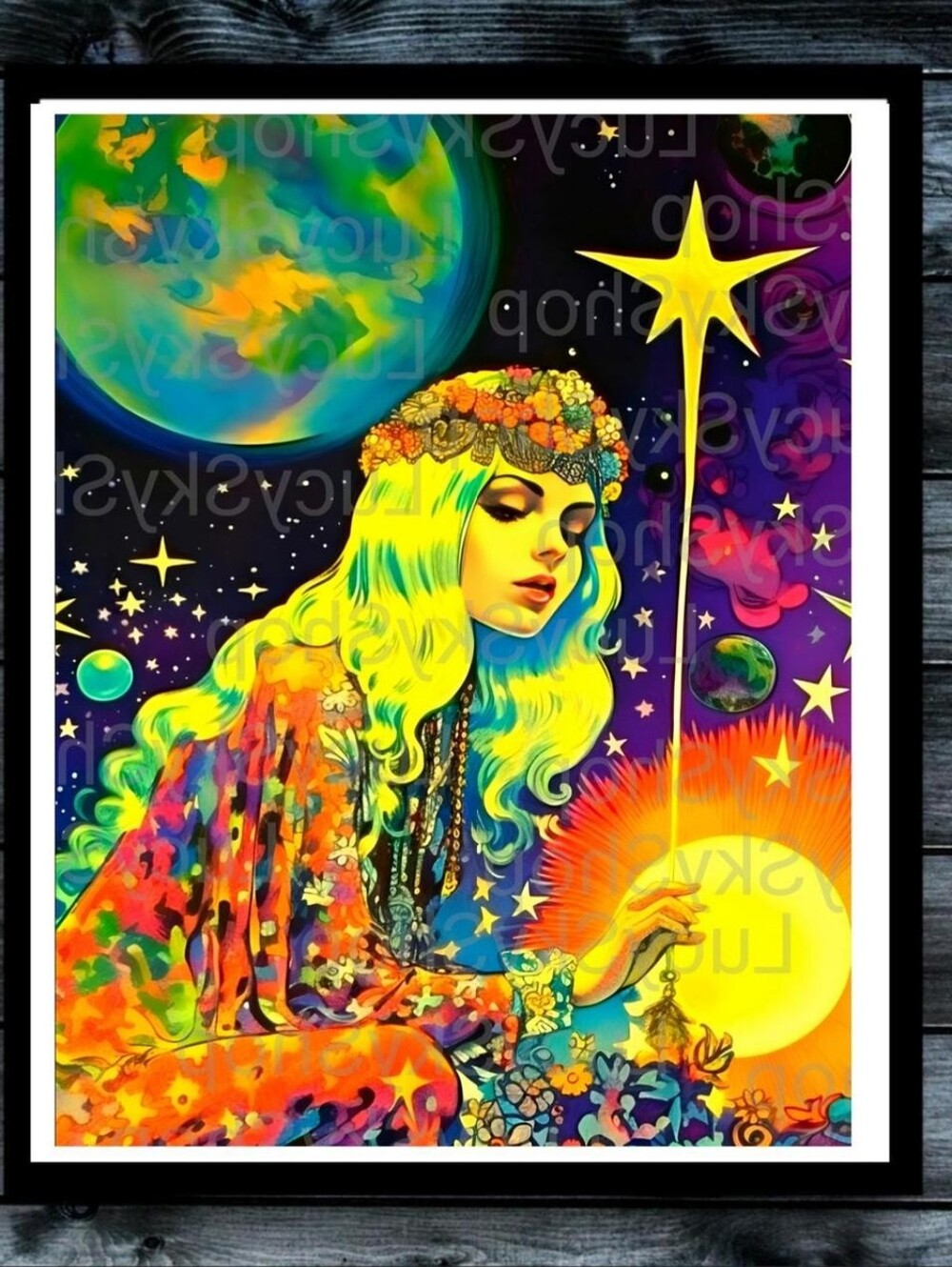 Glowing Goddess Cosmo Queen Art Print Color, Whimsy Magical Wall Art-Art print